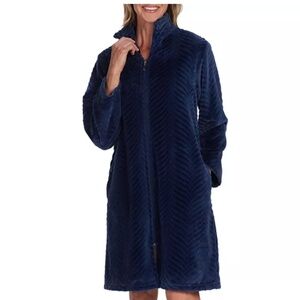 Miss Elaine Women's Solid Long-Sleeve Short Zip Fleece Robe - Midnight Blue
